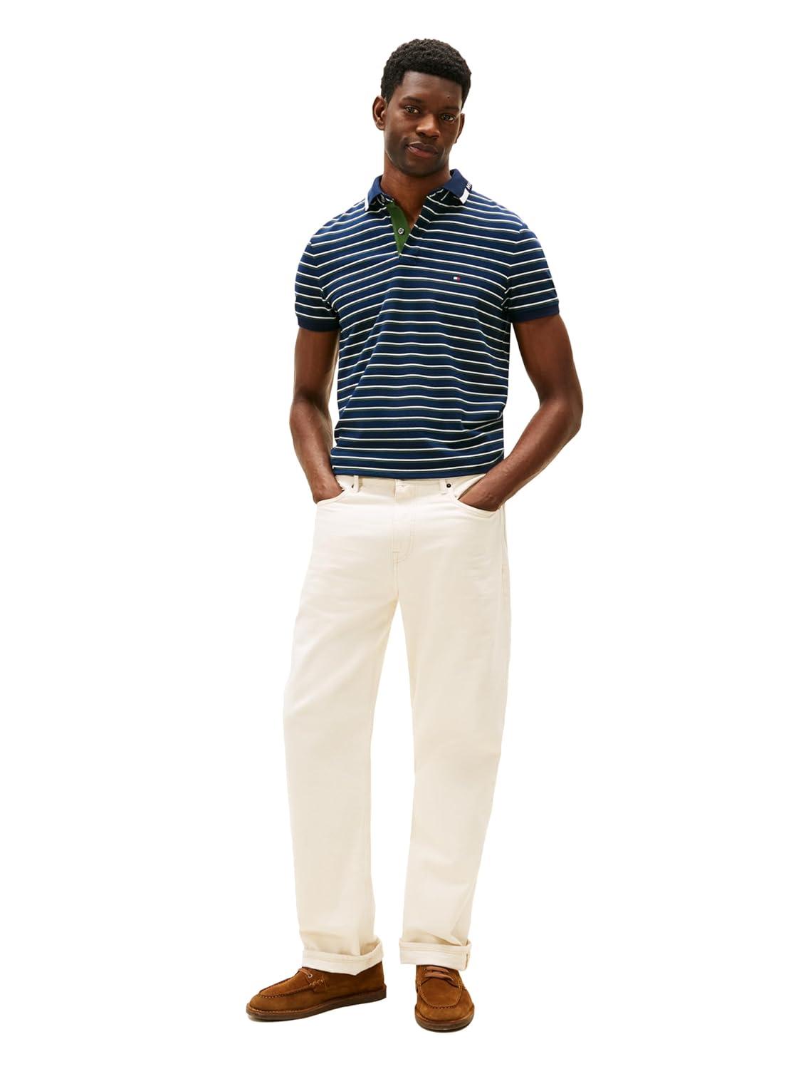 imageTommy Hilfiger Mens Short Sleeve Casual Dri Fit Polo Shirts in Regular Fit with Stretch and Graphic Collar DetailDark Night Navy Artic Spruce