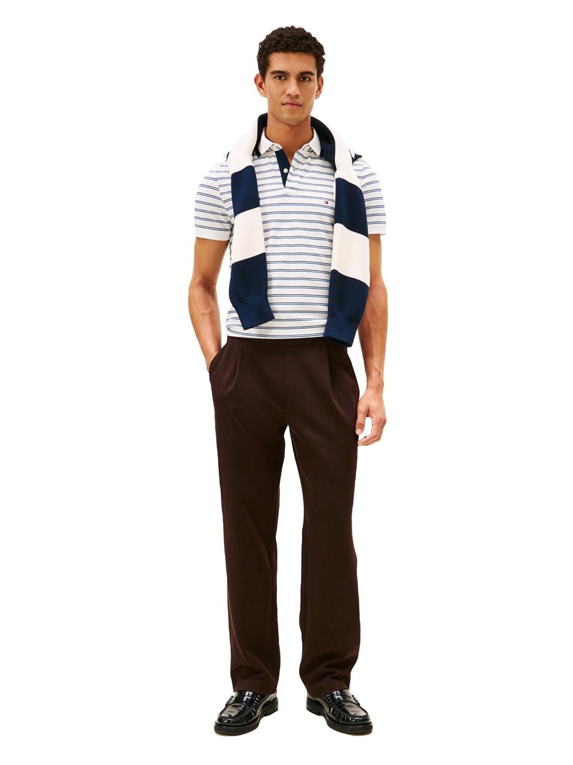 imageTommy Hilfiger Mens Short Sleeve Casual Dri Fit Polo Shirts in Regular Fit with Stretch and Graphic Collar DetailEcru Dark Night Navy