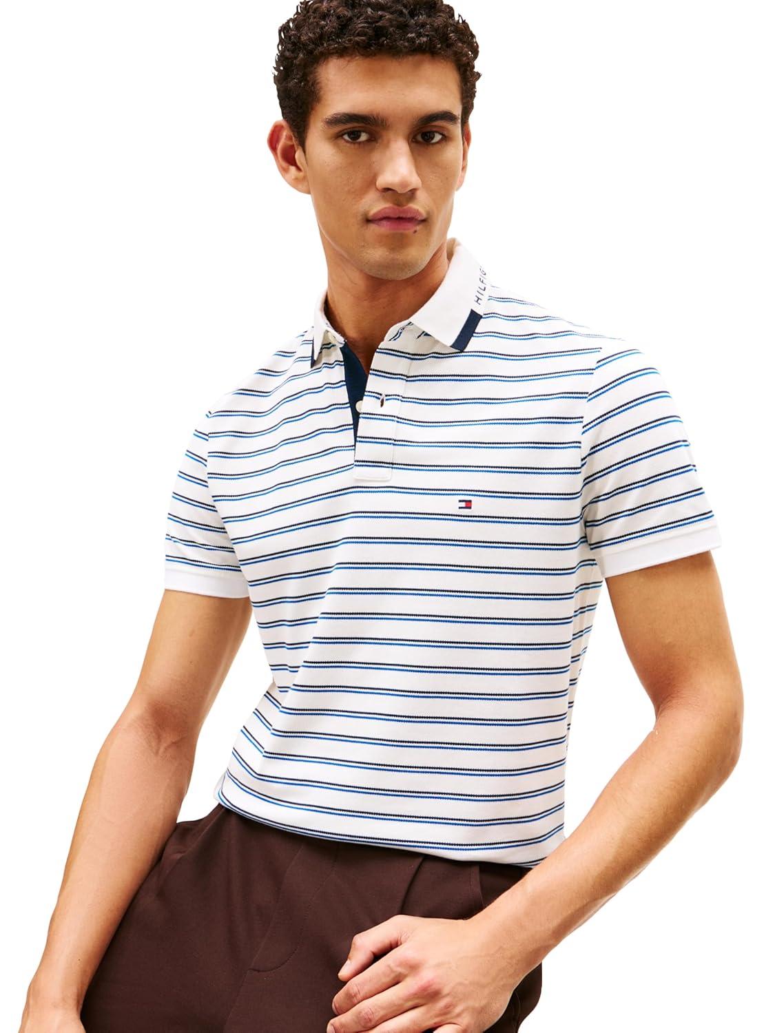 imageTommy Hilfiger Mens Short Sleeve Casual Dri Fit Polo Shirts in Regular Fit with Stretch and Graphic Collar DetailEcru Dark Night Navy