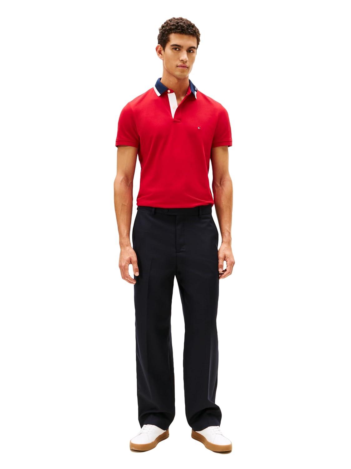 imageTommy Hilfiger Mens Short Sleeve Casual Dri Fit Polo Shirts in Regular Fit with Stretch and Graphic Collar DetailMedium Red