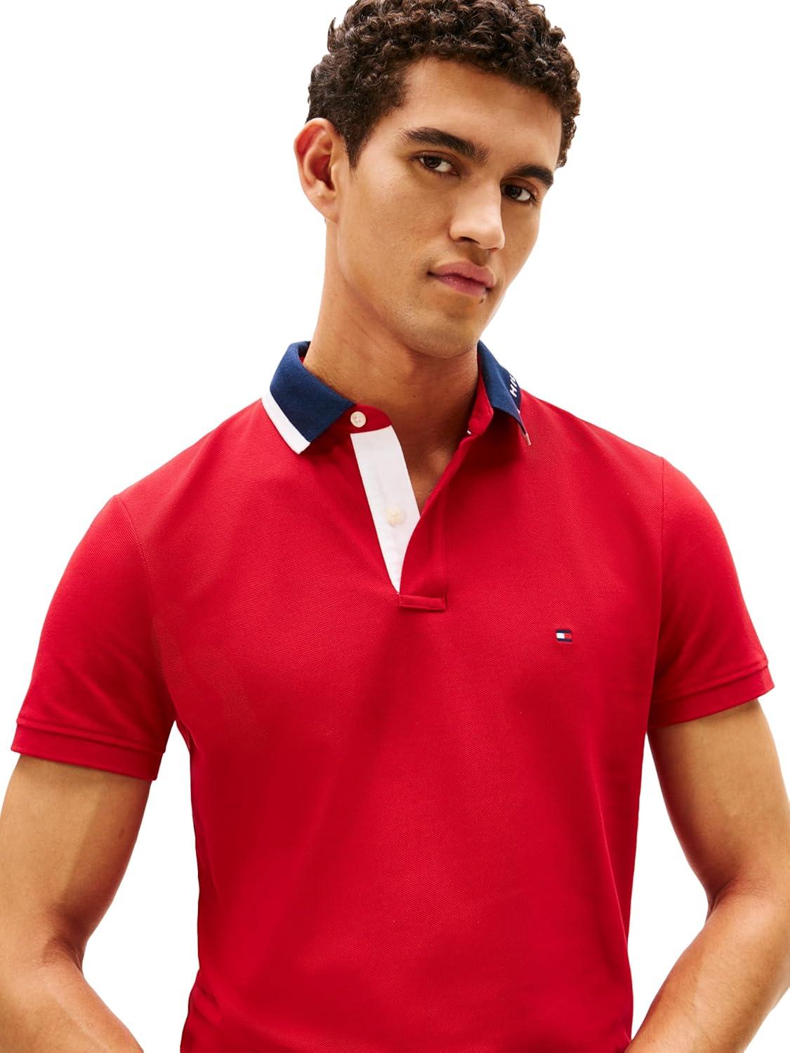imageTommy Hilfiger Mens Short Sleeve Casual Dri Fit Polo Shirts in Regular Fit with Stretch and Graphic Collar DetailMedium Red