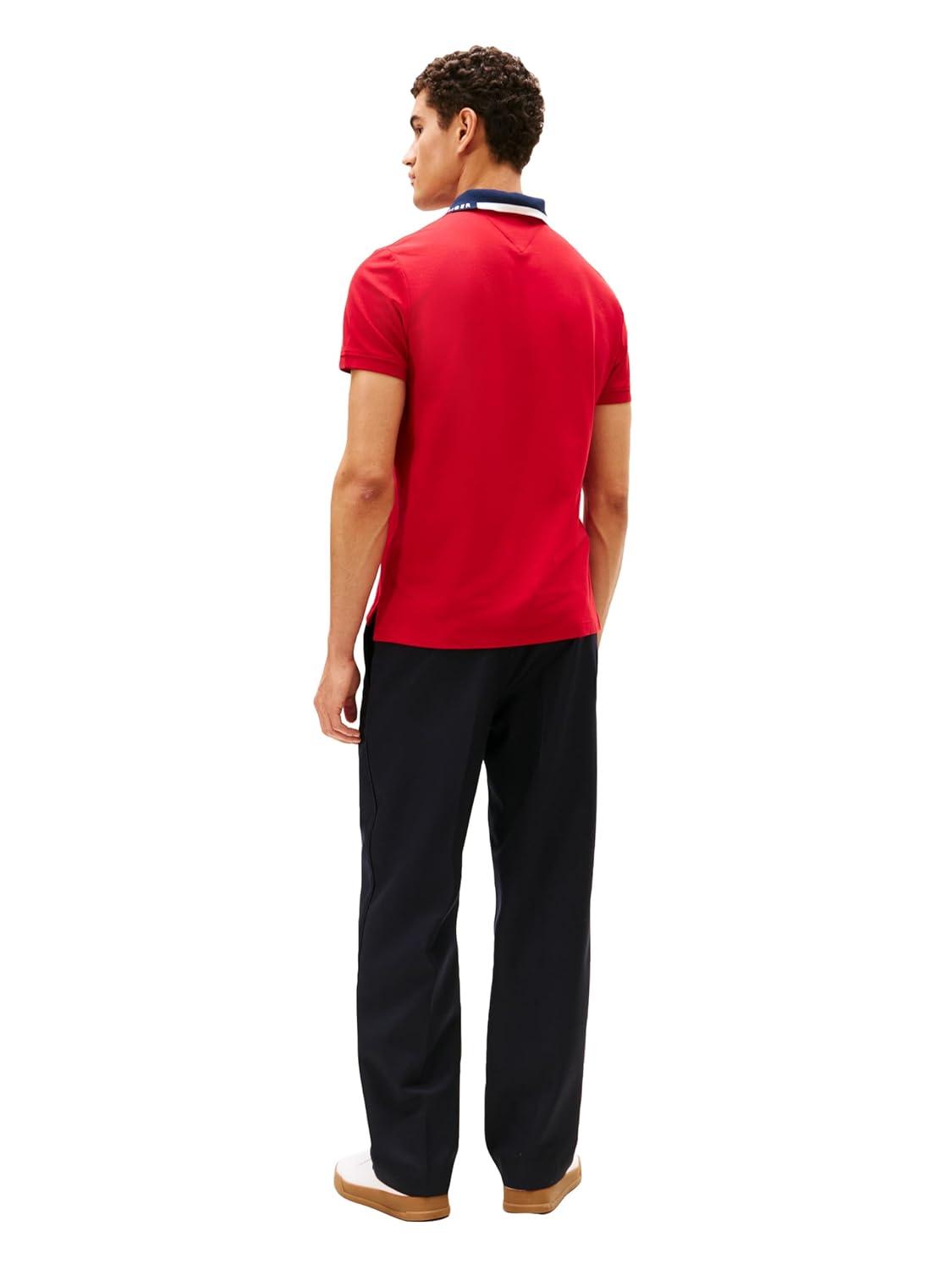 imageTommy Hilfiger Mens Short Sleeve Casual Dri Fit Polo Shirts in Regular Fit with Stretch and Graphic Collar DetailMedium Red