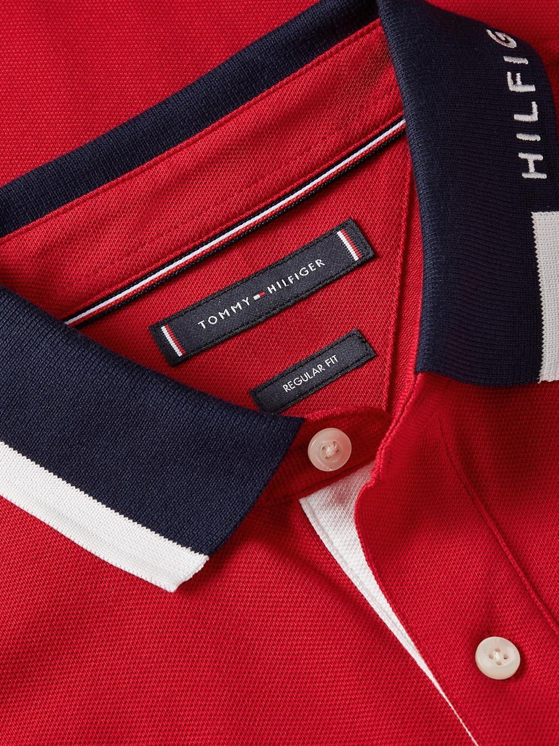 imageTommy Hilfiger Mens Short Sleeve Casual Dri Fit Polo Shirts in Regular Fit with Stretch and Graphic Collar DetailMedium Red