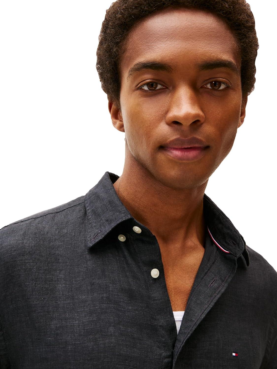 imageTommy Hilfiger Mens Short Sleeve Casual Linen Button Down Shirts in Regular FitBlack