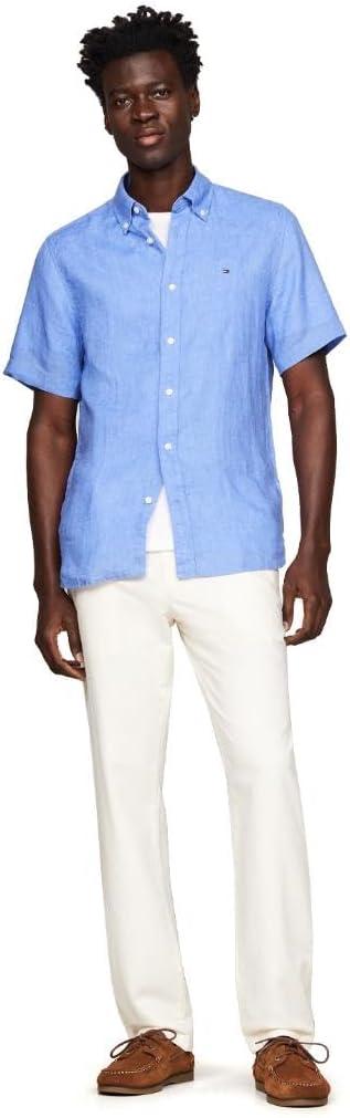 imageTommy Hilfiger Mens Short Sleeve Casual Linen Button Down Shirts in Regular FitBlue Spell