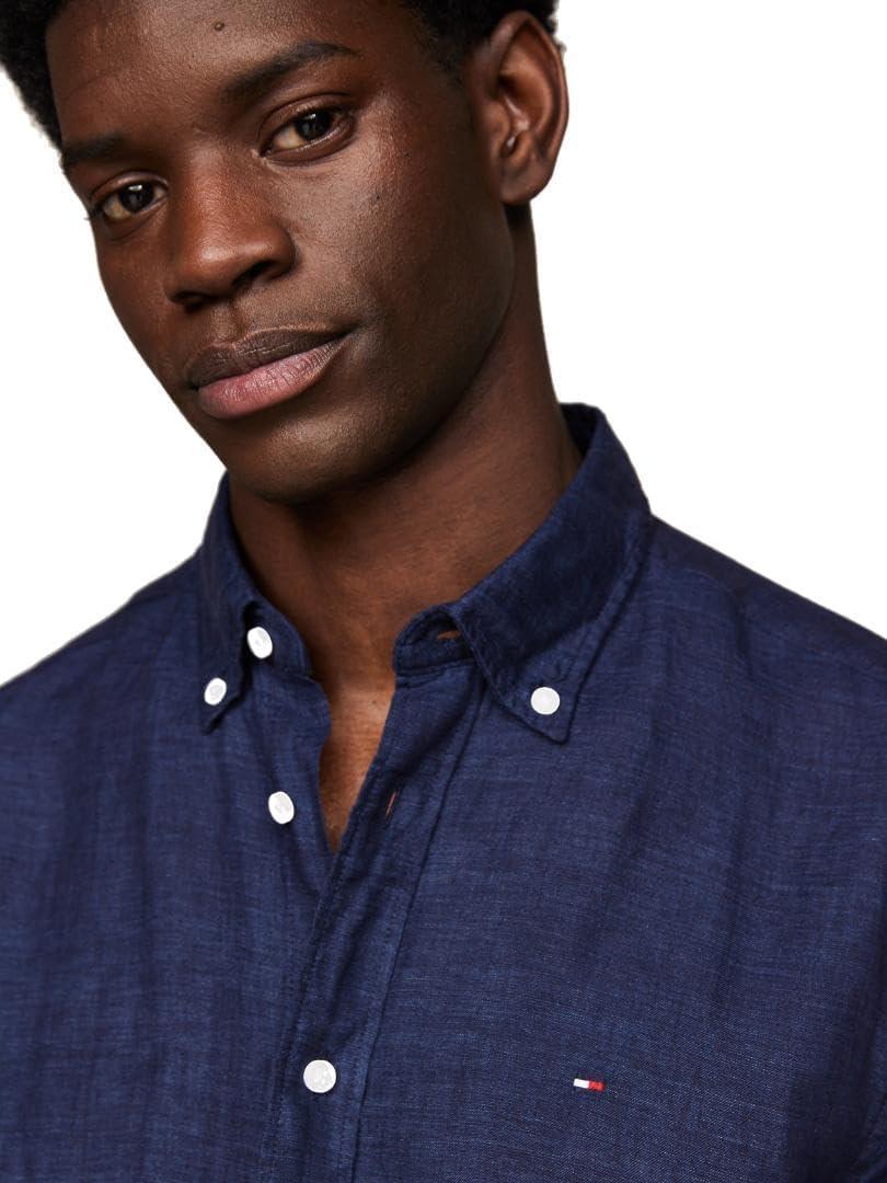imageTommy Hilfiger Mens Short Sleeve Casual Linen Button Down Shirts in Regular FitCarbon Navy