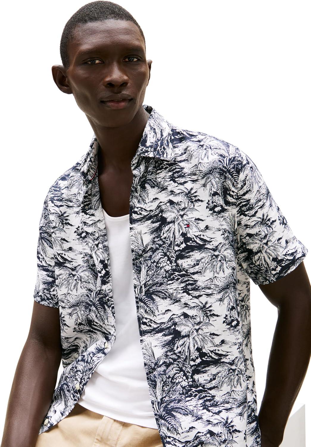 imageTommy Hilfiger Mens Short Sleeve Casual Linen Button Down Shirts in Regular FitDesert Sky Allover