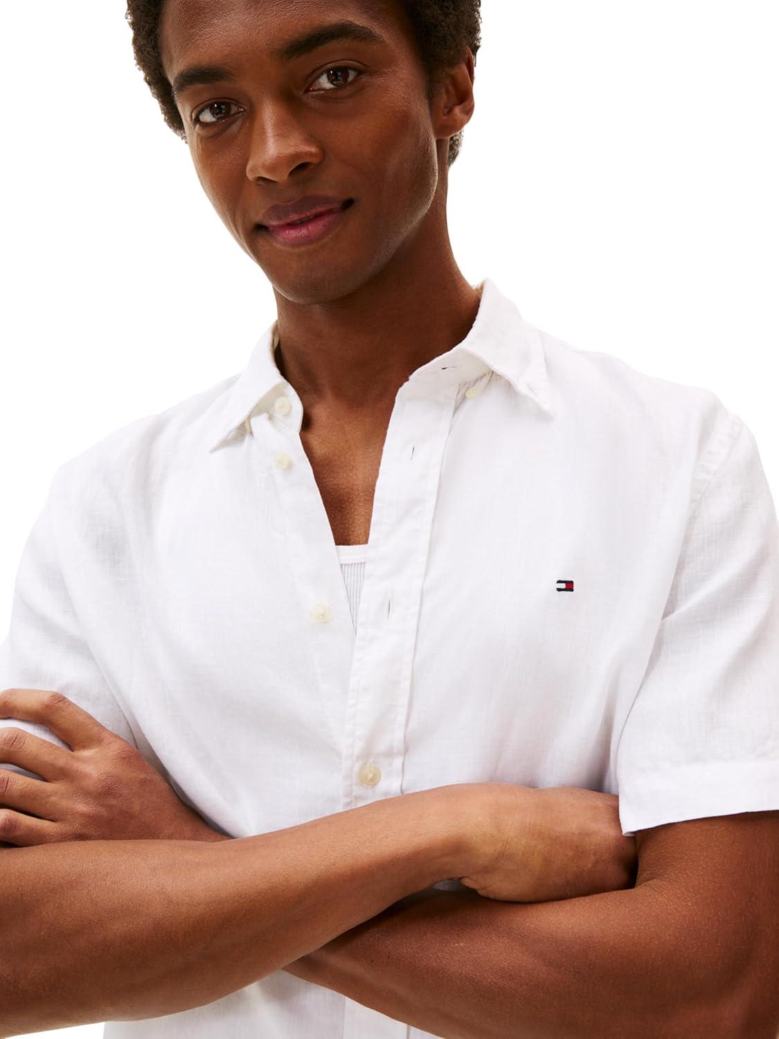 imageTommy Hilfiger Mens Short Sleeve Casual Linen Button Down Shirts in Regular FitWhite