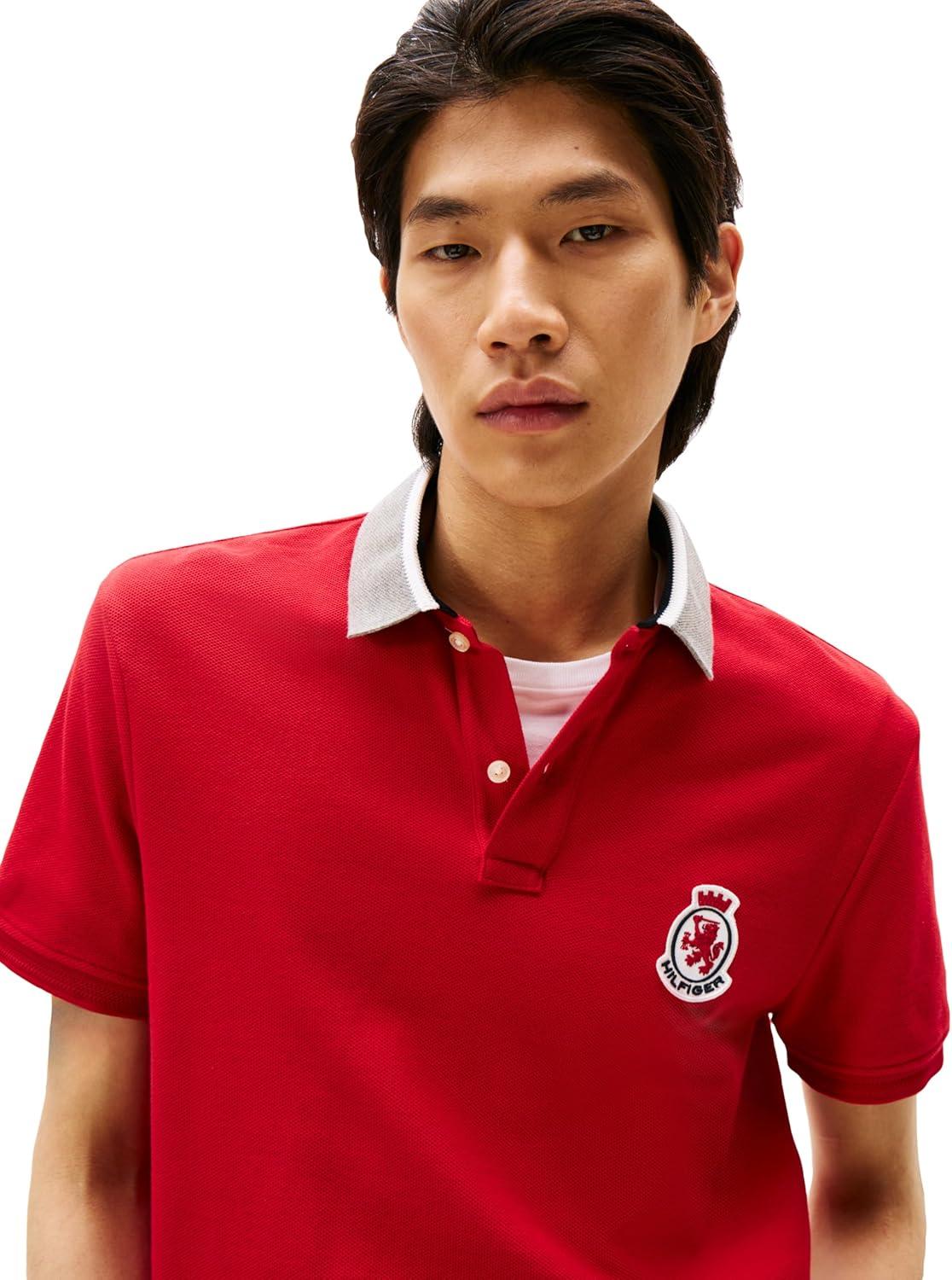 imageTommy Hilfiger Mens Short Sleeve Casual Polo Shirts in Regular Fit with Crest and Collar DesignsMedium Red
