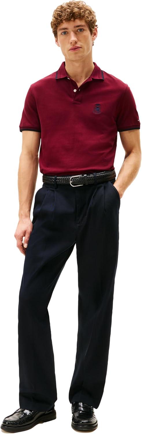 imageTommy Hilfiger Mens Short Sleeve Casual Polo Shirts in Regular Fit with Embroidered Crest DesignDeep Rouge