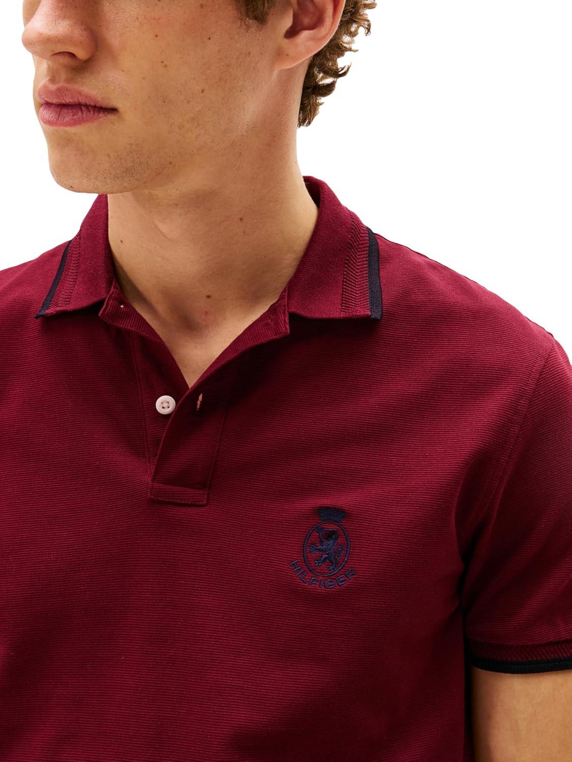 imageTommy Hilfiger Mens Short Sleeve Casual Polo Shirts in Regular Fit with Embroidered Crest DesignDeep Rouge