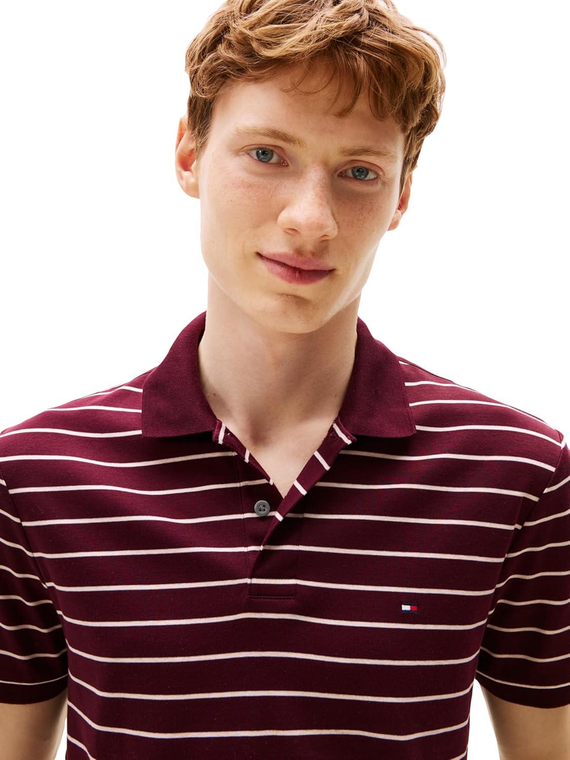 imageTommy Hilfiger Mens Short Sleeve Casual Polo Shirts in Regular Fit with Liquid CottonDeep Burgundy Oatmilk Heather