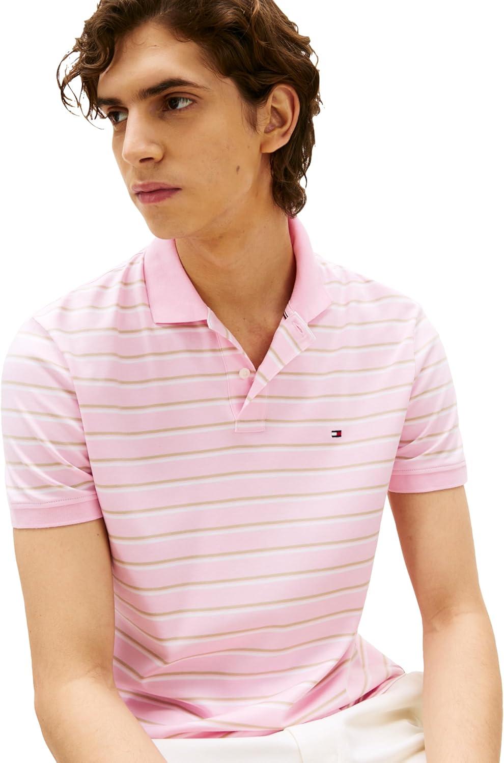 imageTommy Hilfiger Mens Short Sleeve Casual Polo Shirts in Regular Fit with Liquid CottonPink Stripe