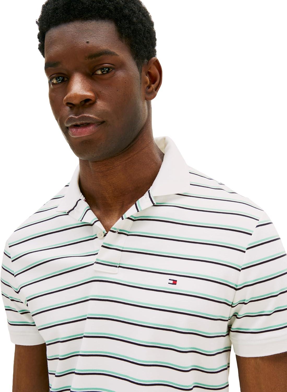 imageTommy Hilfiger Mens Short Sleeve Casual Polo Shirts in Regular Fit with Liquid CottonWhiteMulti Stripe