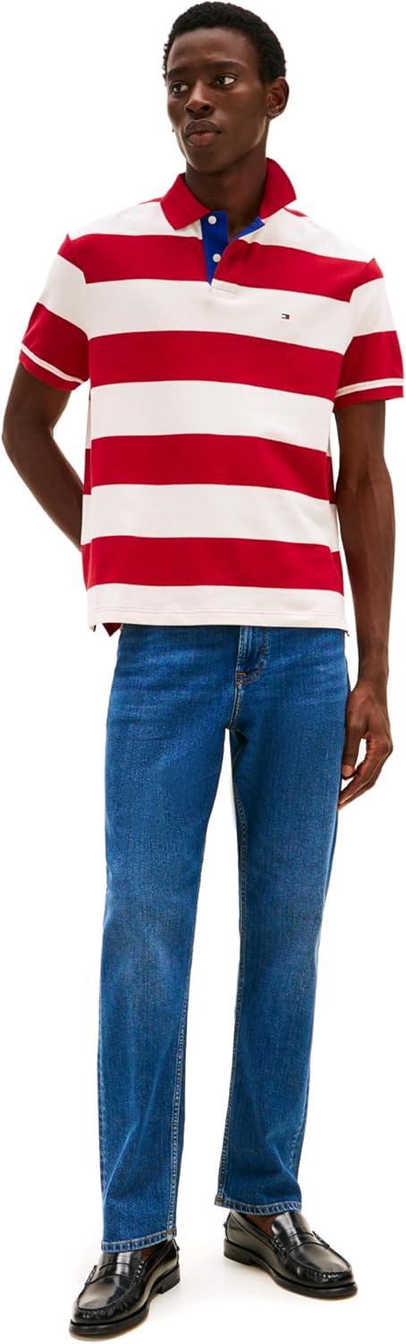 imageTommy Hilfiger Mens Short Sleeve Casual Polo Shirts in Regular Fit with Rugby Stripe DesignsMedium Red Ivory Petal
