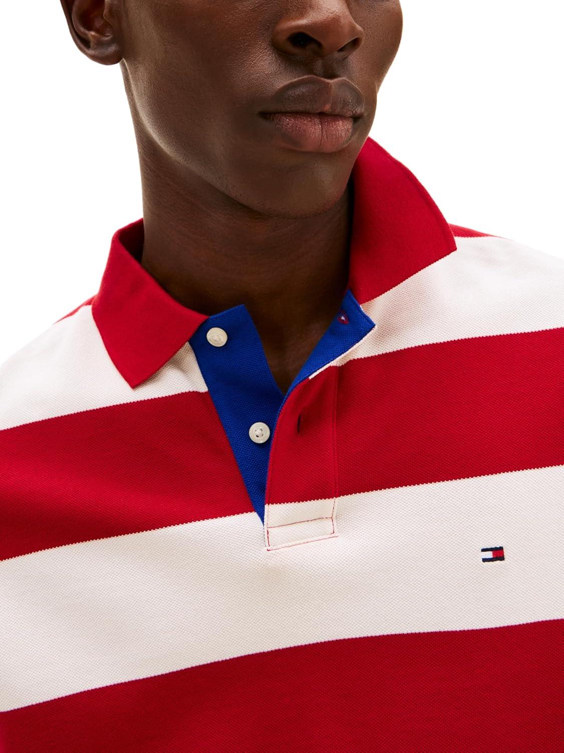 imageTommy Hilfiger Mens Short Sleeve Casual Polo Shirts in Regular Fit with Rugby Stripe DesignsMedium Red Ivory Petal