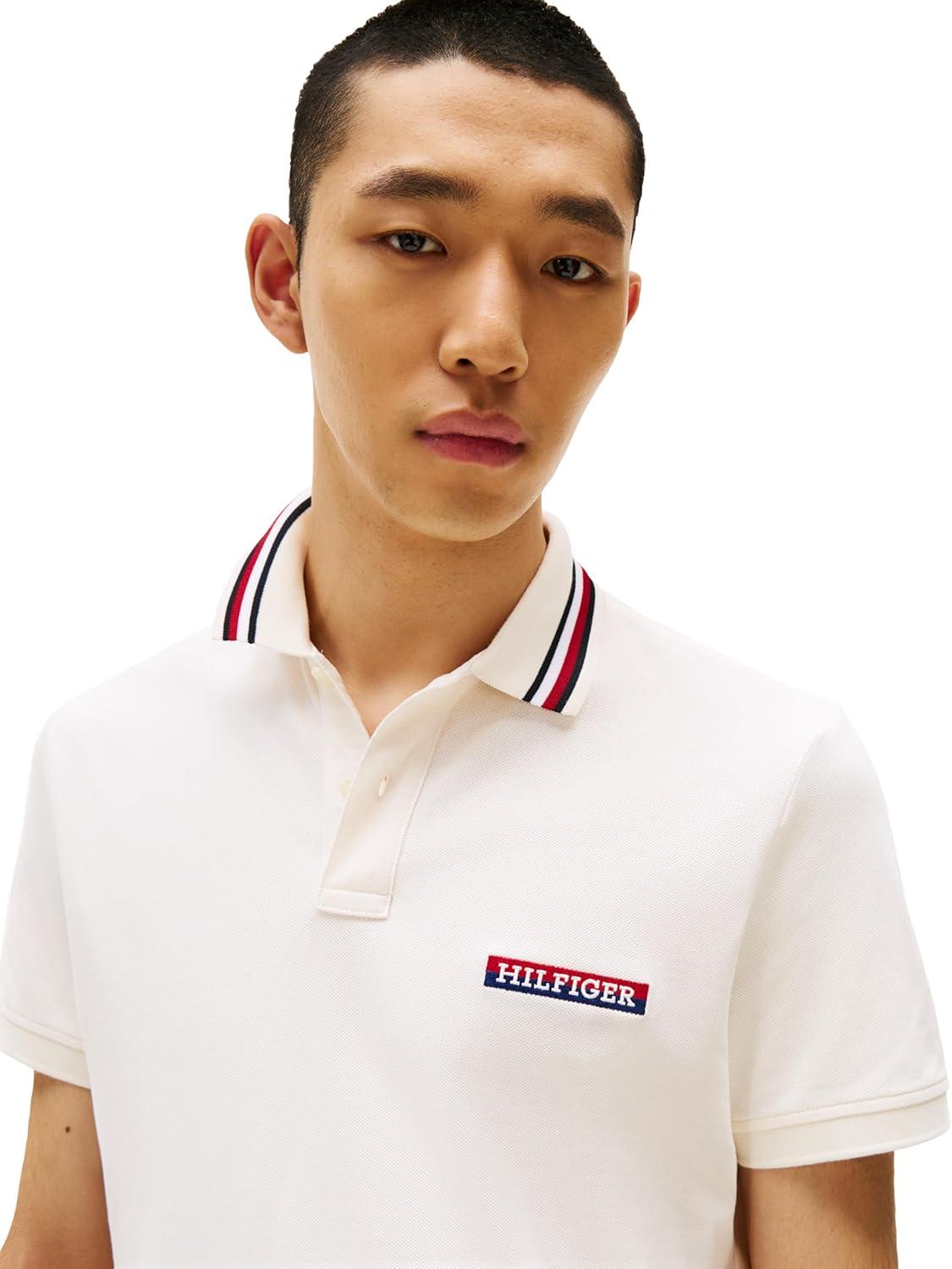 imageTommy Hilfiger Mens Short Sleeve Casual Polo Shirts in Regular Fit with Stretch and Collar DesignsIvory Petal