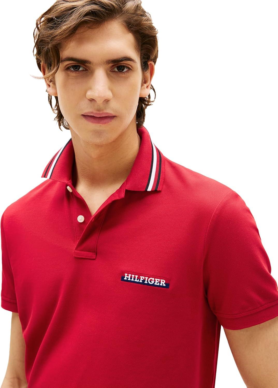 imageTommy Hilfiger Mens Short Sleeve Casual Polo Shirts in Regular Fit with Stretch and Collar DesignsMedium Red