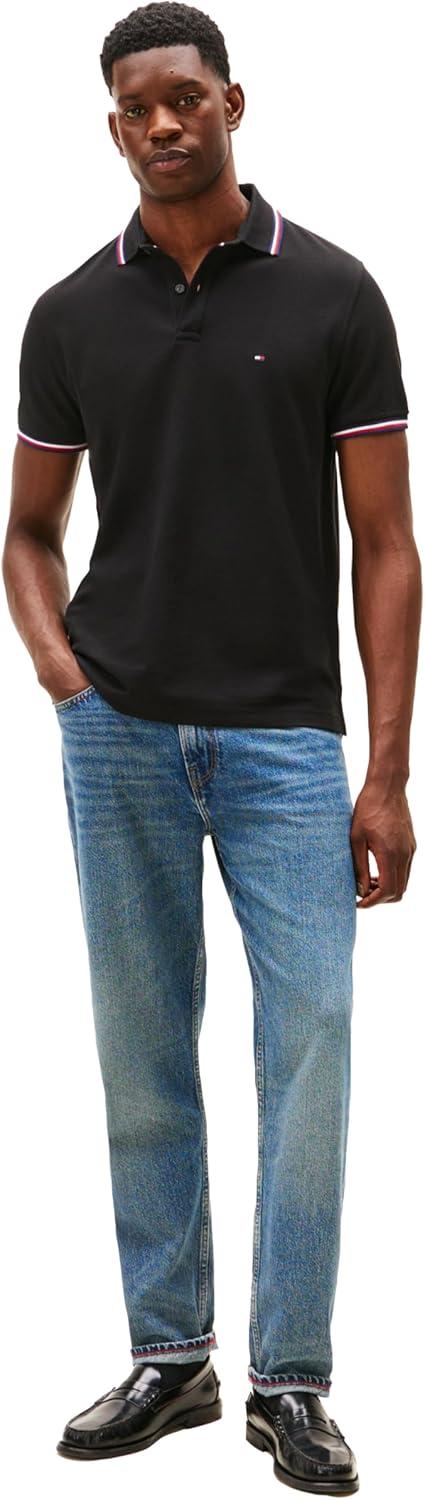 imageTommy Hilfiger Mens Short Sleeve Casual Polo Shirts in Regular Fit with Stretch and Cuff DesignsDark Sable