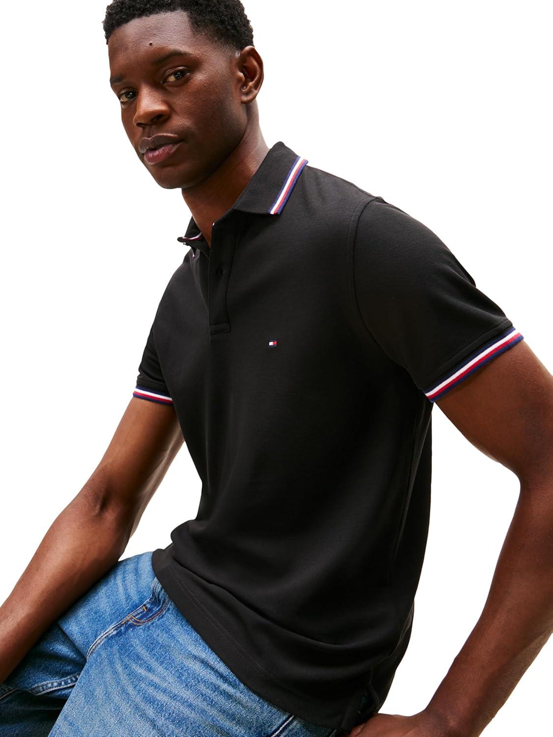 imageTommy Hilfiger Mens Short Sleeve Casual Polo Shirts in Regular Fit with Stretch and Cuff DesignsDark Sable