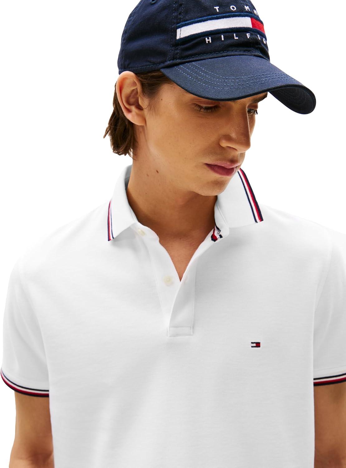 imageTommy Hilfiger Mens Short Sleeve Casual Polo Shirts in Regular Fit with Stretch and Cuff DesignsFresh White