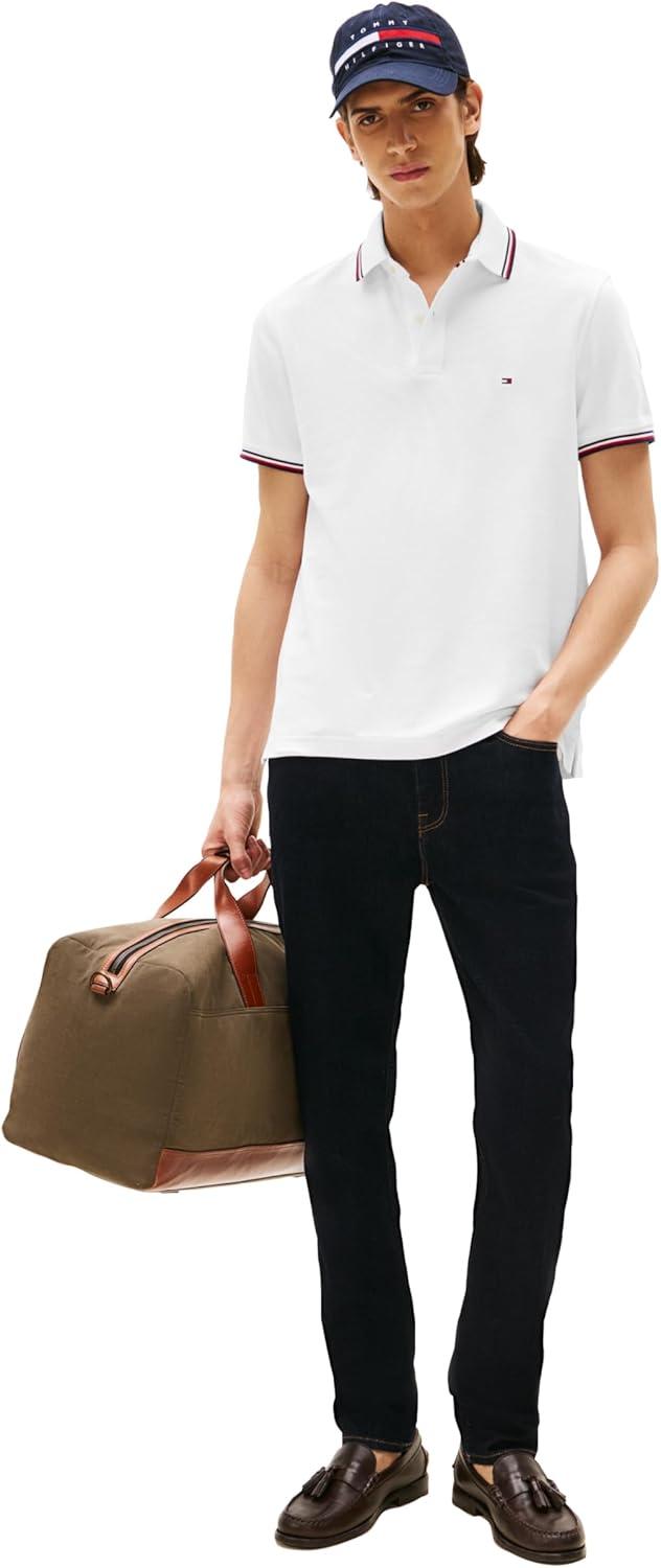 imageTommy Hilfiger Mens Short Sleeve Casual Polo Shirts in Regular Fit with Stretch and Cuff DesignsFresh White