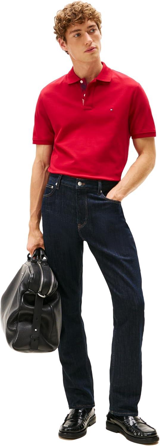 imageTommy Hilfiger Mens Short Sleeve Casual Polo Shirts in Regular Fit with Stretch and Hidden Placket DesignMedium Red