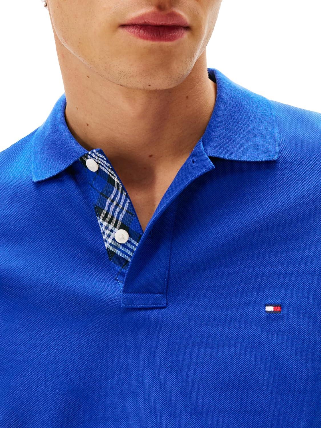 imageTommy Hilfiger Mens Short Sleeve Casual Polo Shirts in Regular Fit with Stretch and Hidden Placket DesignWedge Blue