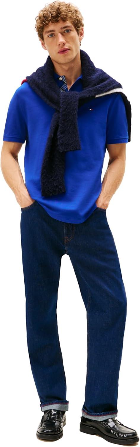 imageTommy Hilfiger Mens Short Sleeve Casual Polo Shirts in Regular Fit with Stretch and Hidden Placket DesignWedge Blue