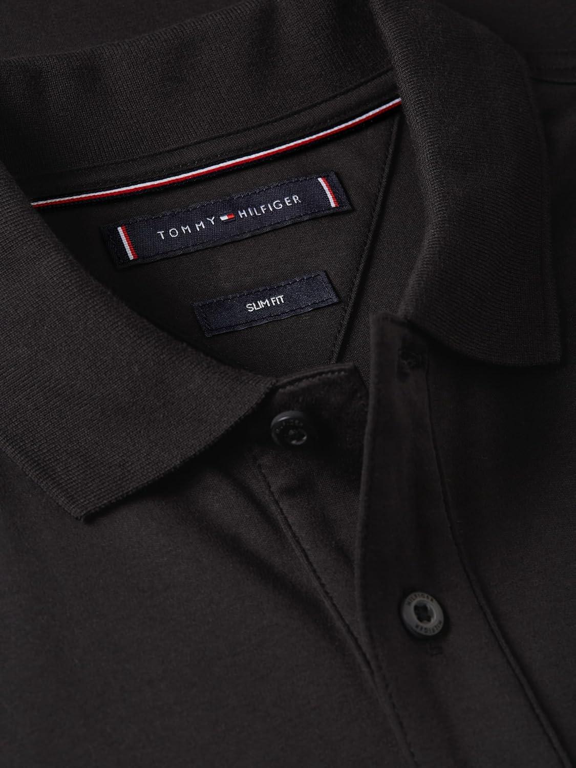 imageTommy Hilfiger Mens Short Sleeve Casual Polo Shirts in Slim Fit with Liquid Cotton and Cuff DesignsBlack