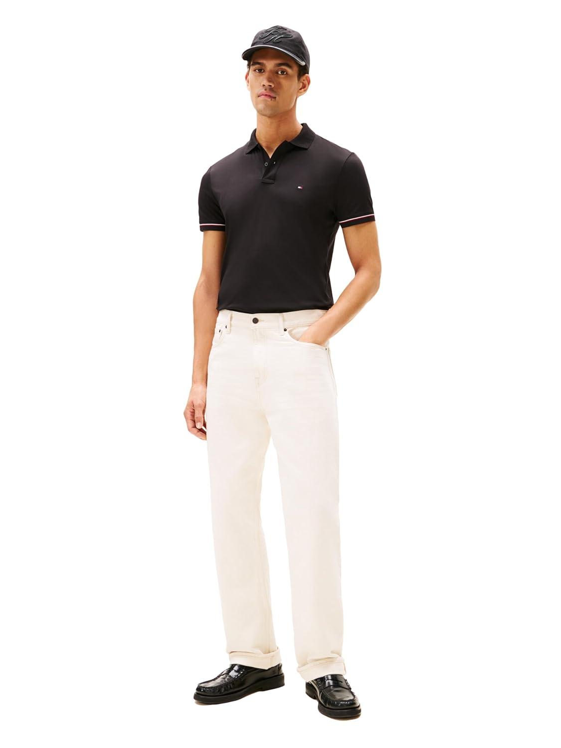 imageTommy Hilfiger Mens Short Sleeve Casual Polo Shirts in Slim Fit with Liquid Cotton and Cuff DesignsBlack