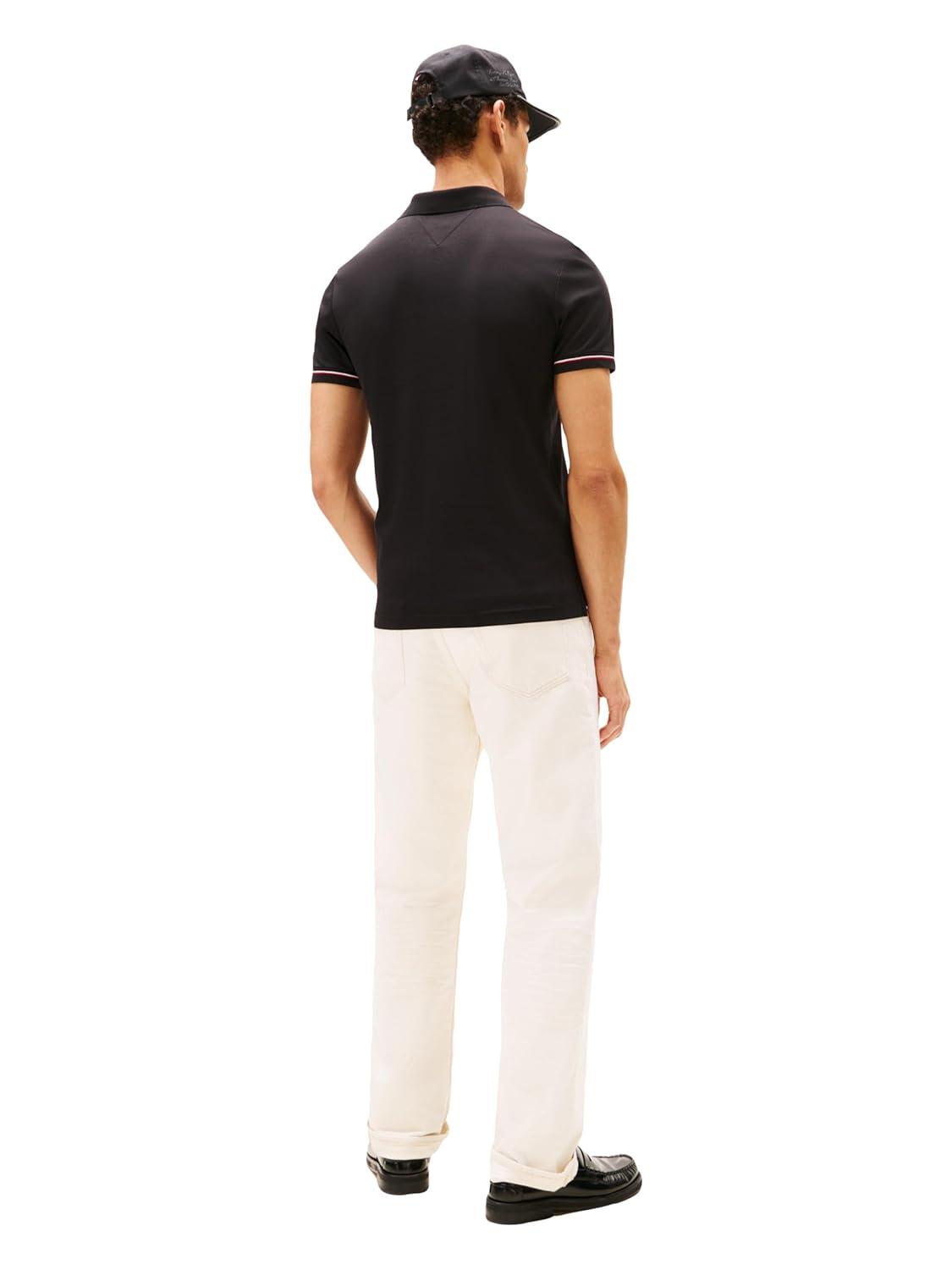 imageTommy Hilfiger Mens Short Sleeve Casual Polo Shirts in Slim Fit with Liquid Cotton and Cuff DesignsBlack