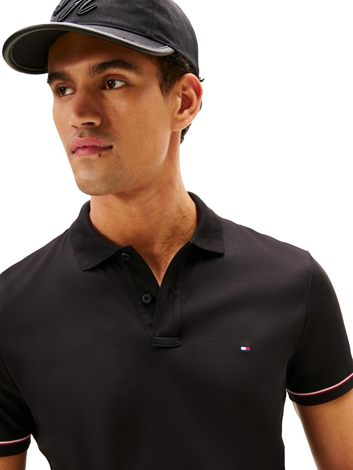 imageTommy Hilfiger Mens Short Sleeve Casual Polo Shirts in Slim Fit with Liquid Cotton and Cuff DesignsBlack