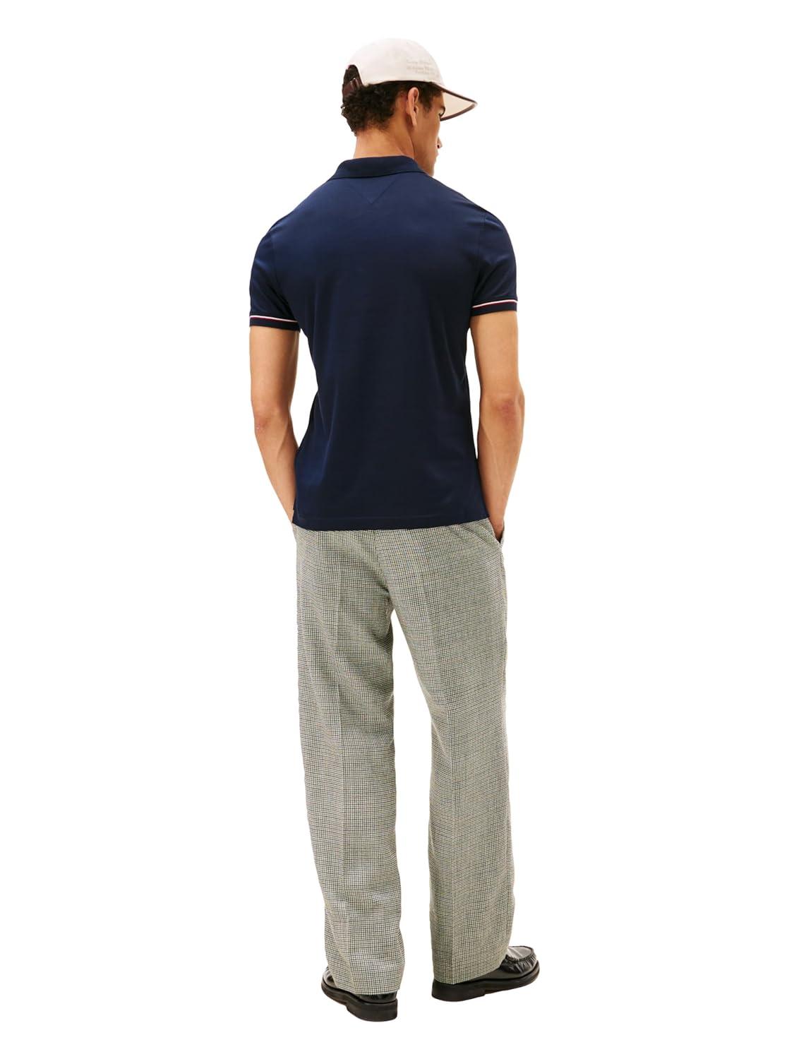 imageTommy Hilfiger Mens Short Sleeve Casual Polo Shirts in Slim Fit with Liquid Cotton and Cuff DesignsDesert Sky