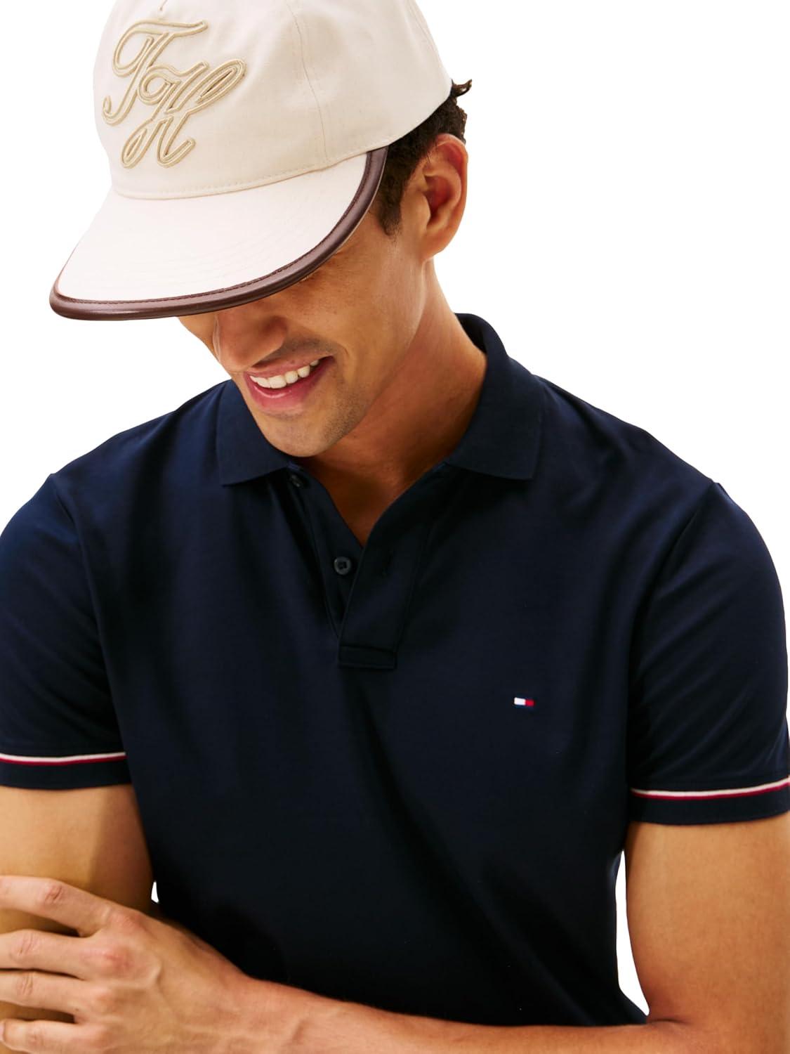 imageTommy Hilfiger Mens Short Sleeve Casual Polo Shirts in Slim Fit with Liquid Cotton and Cuff DesignsDesert Sky