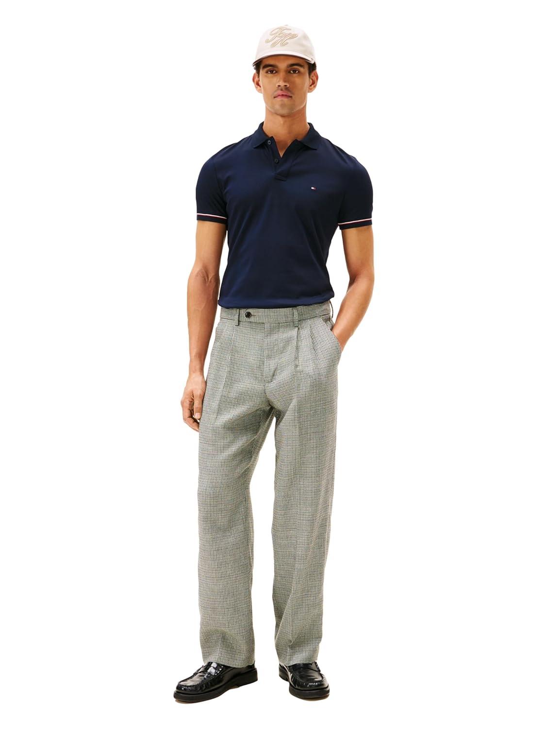 imageTommy Hilfiger Mens Short Sleeve Casual Polo Shirts in Slim Fit with Liquid Cotton and Cuff DesignsDesert Sky