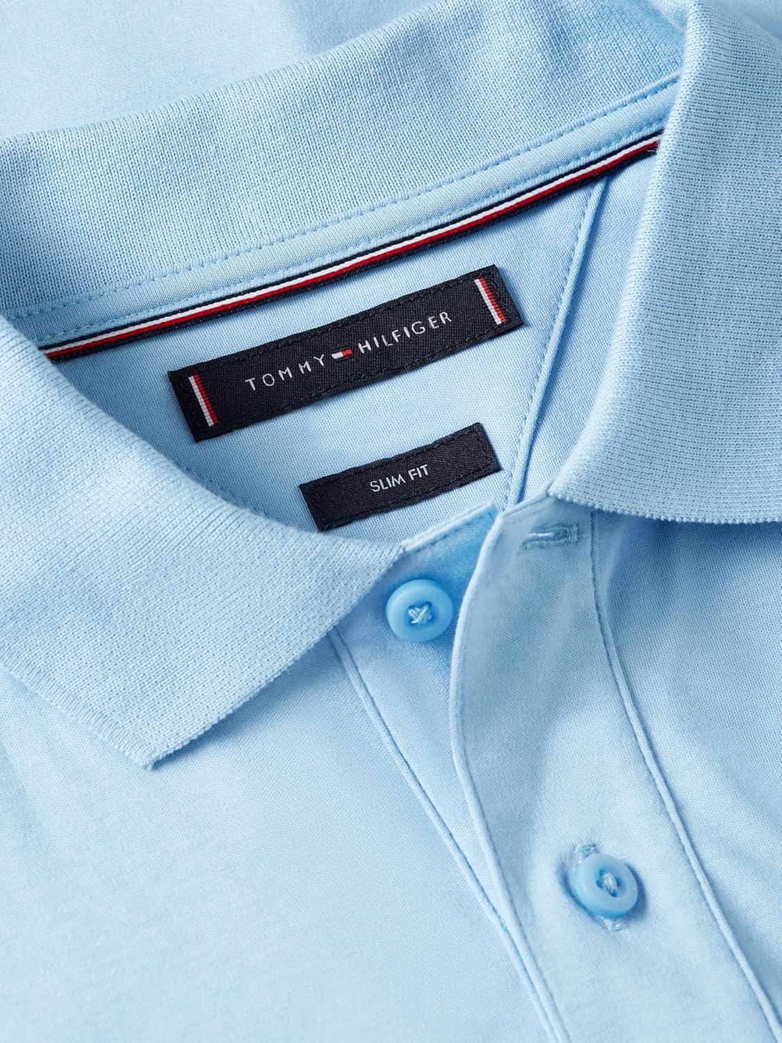 imageTommy Hilfiger Mens Short Sleeve Casual Polo Shirts in Slim Fit with Liquid Cotton and Cuff DesignsWell Water