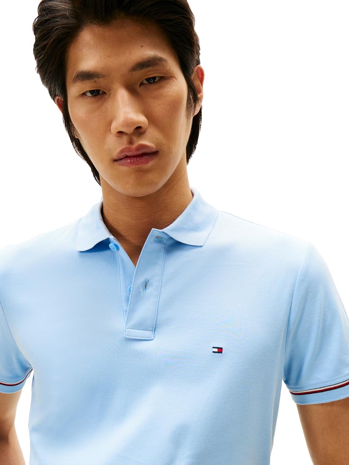 imageTommy Hilfiger Mens Short Sleeve Casual Polo Shirts in Slim Fit with Liquid Cotton and Cuff DesignsWell Water