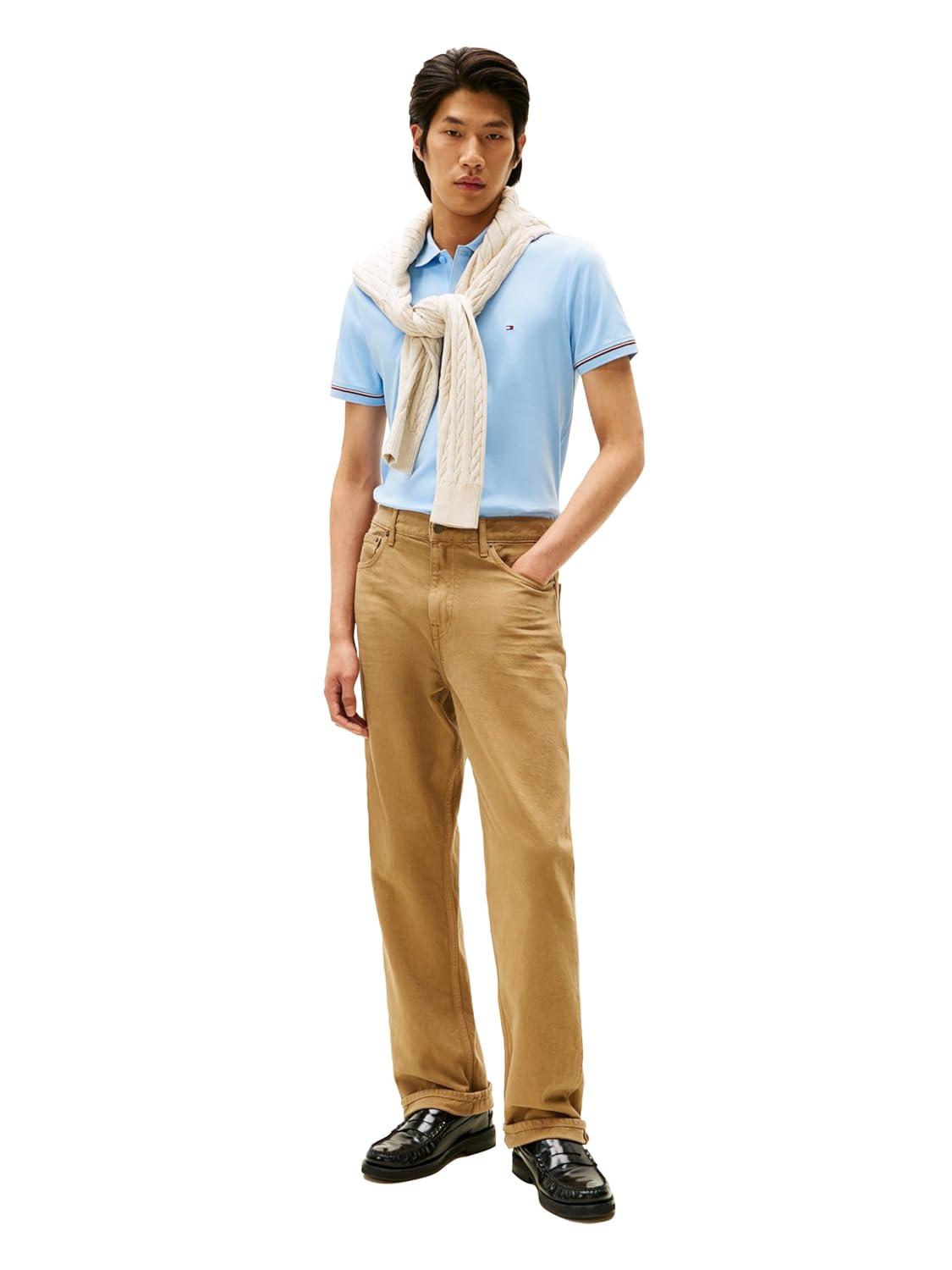 imageTommy Hilfiger Mens Short Sleeve Casual Polo Shirts in Slim Fit with Liquid Cotton and Cuff DesignsWell Water