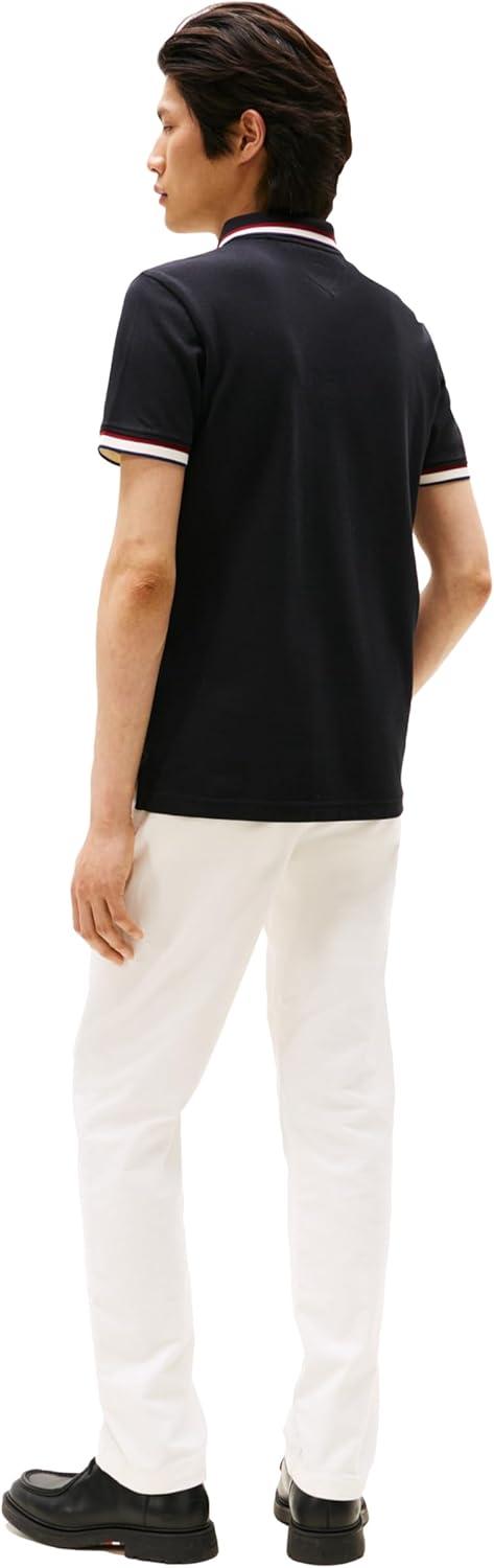 imageTommy Hilfiger Mens Short Sleeve Casual Polo Shirts in Slim Fit with Stretch and Cuff DesignsBlack