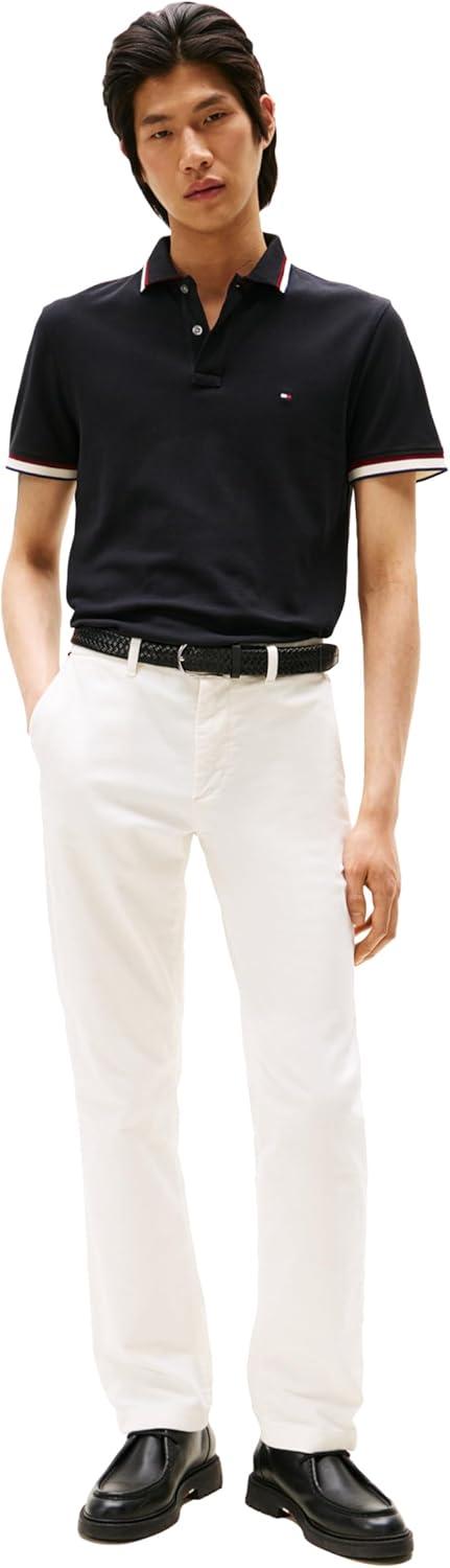 imageTommy Hilfiger Mens Short Sleeve Casual Polo Shirts in Slim Fit with Stretch and Cuff DesignsBlack