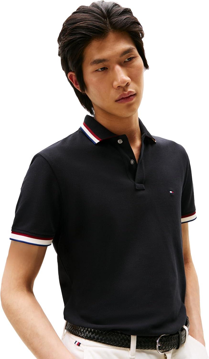 imageTommy Hilfiger Mens Short Sleeve Casual Polo Shirts in Slim Fit with Stretch and Cuff DesignsBlack
