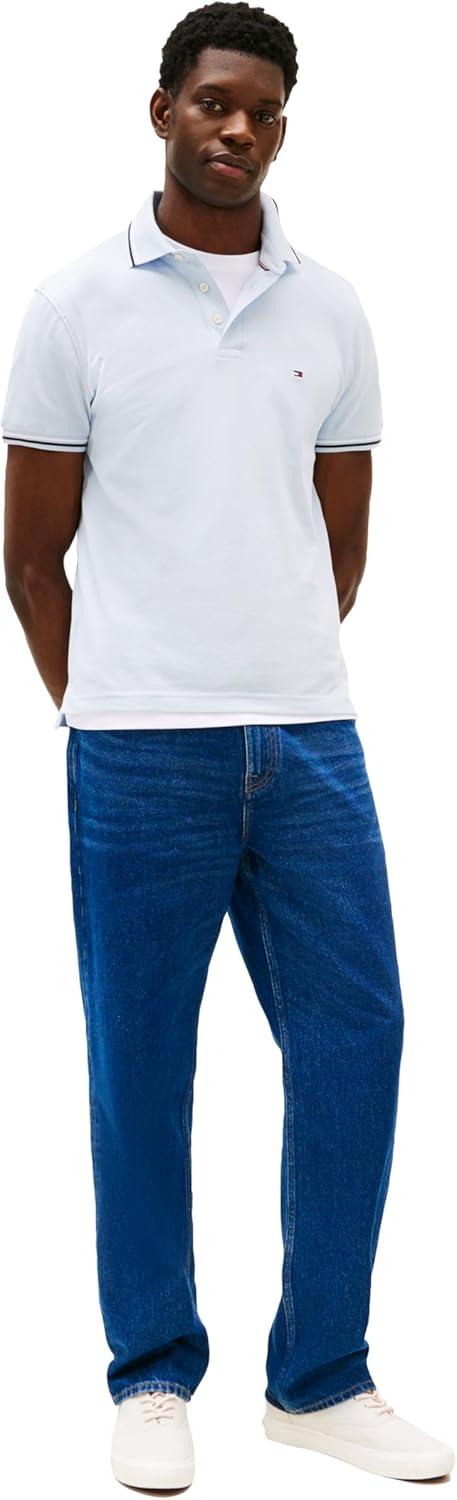 imageTommy Hilfiger Mens Short Sleeve Casual Polo Shirts in Slim Fit with Stretch and Cuff DesignsBreezy Blue