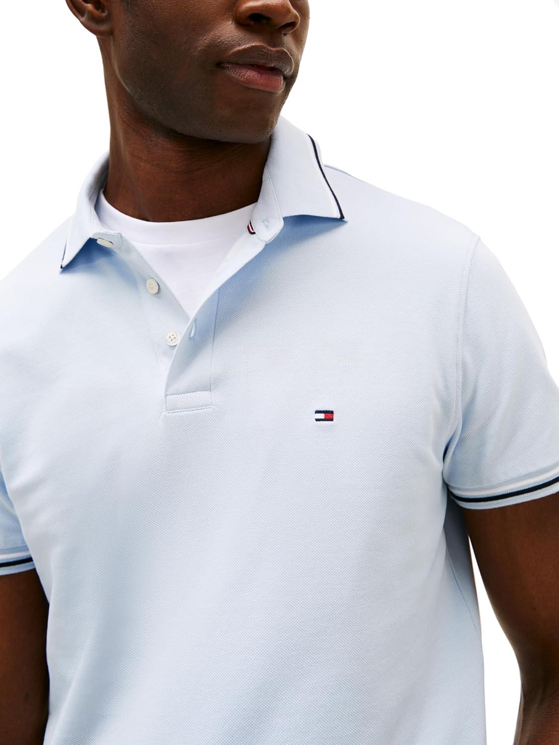 imageTommy Hilfiger Mens Short Sleeve Casual Polo Shirts in Slim Fit with Stretch and Cuff DesignsBreezy Blue