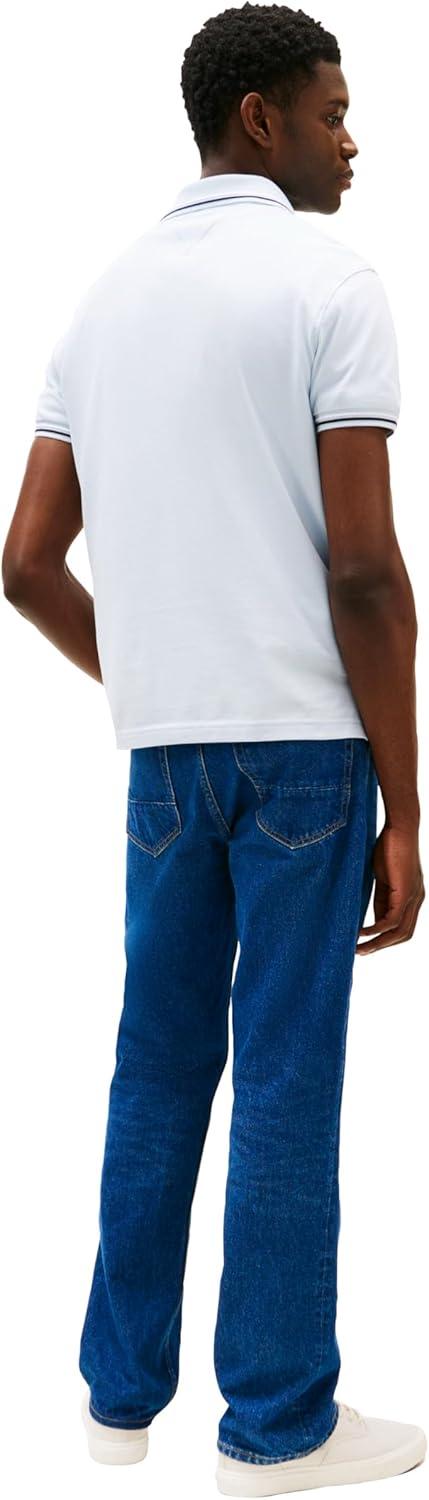 imageTommy Hilfiger Mens Short Sleeve Casual Polo Shirts in Slim Fit with Stretch and Cuff DesignsBreezy Blue