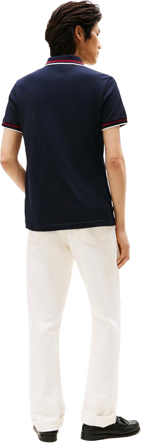 imageTommy Hilfiger Mens Short Sleeve Casual Polo Shirts in Slim Fit with Stretch and Cuff DesignsDesert Sky