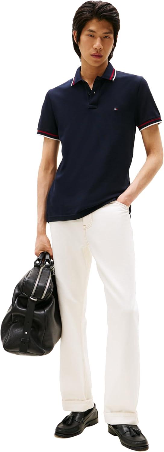 imageTommy Hilfiger Mens Short Sleeve Casual Polo Shirts in Slim Fit with Stretch and Cuff DesignsDesert Sky