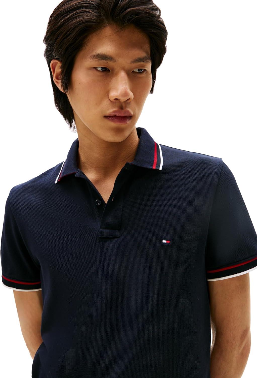 imageTommy Hilfiger Mens Short Sleeve Casual Polo Shirts in Slim Fit with Stretch and Cuff DesignsDesert Sky