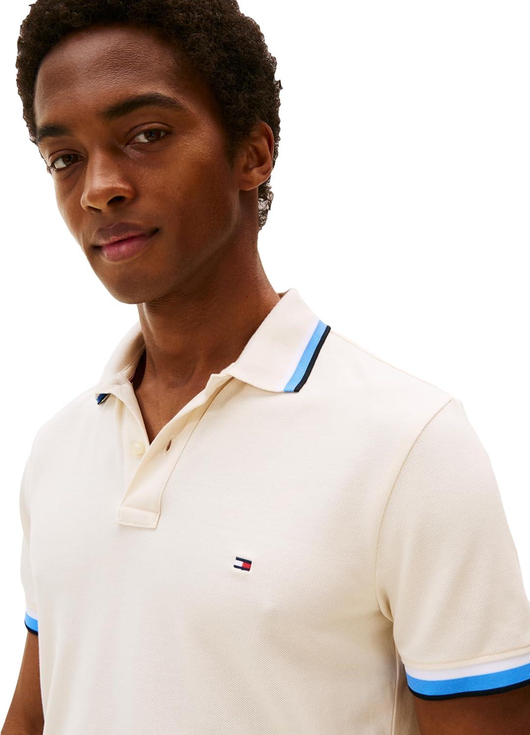 imageTommy Hilfiger Mens Short Sleeve Casual Polo Shirts in Slim Fit with Stretch and Cuff DesignsIvory Petal