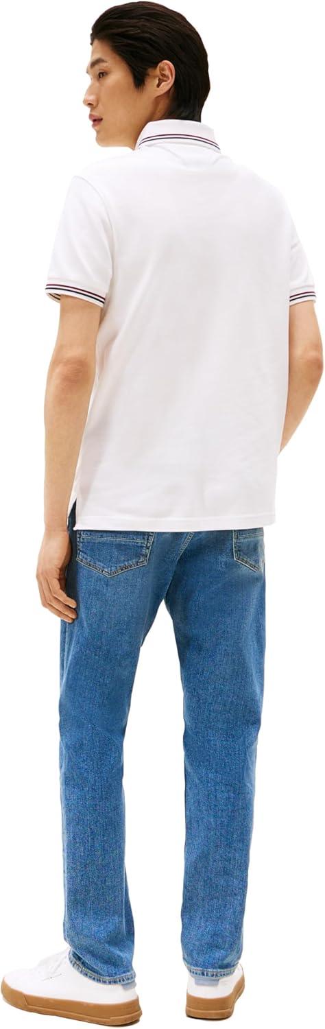 imageTommy Hilfiger Mens Short Sleeve Casual Polo Shirts in Slim Fit with Stretch and Cuff DesignsWhite